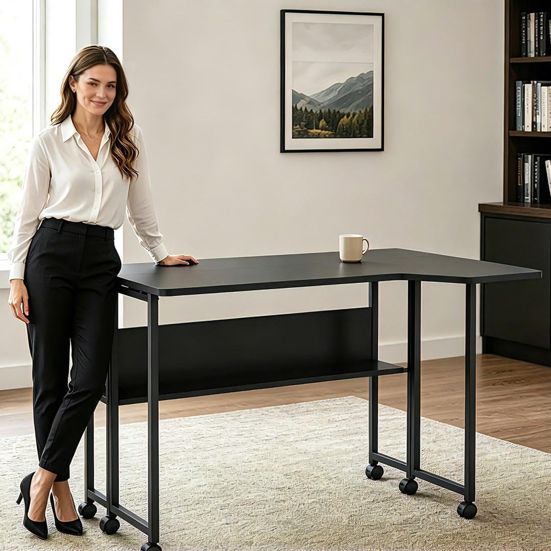 Maclean MC-126 L/B sammenklappeligt L-formet skrivebord på hjul 100 x 73 cm sort