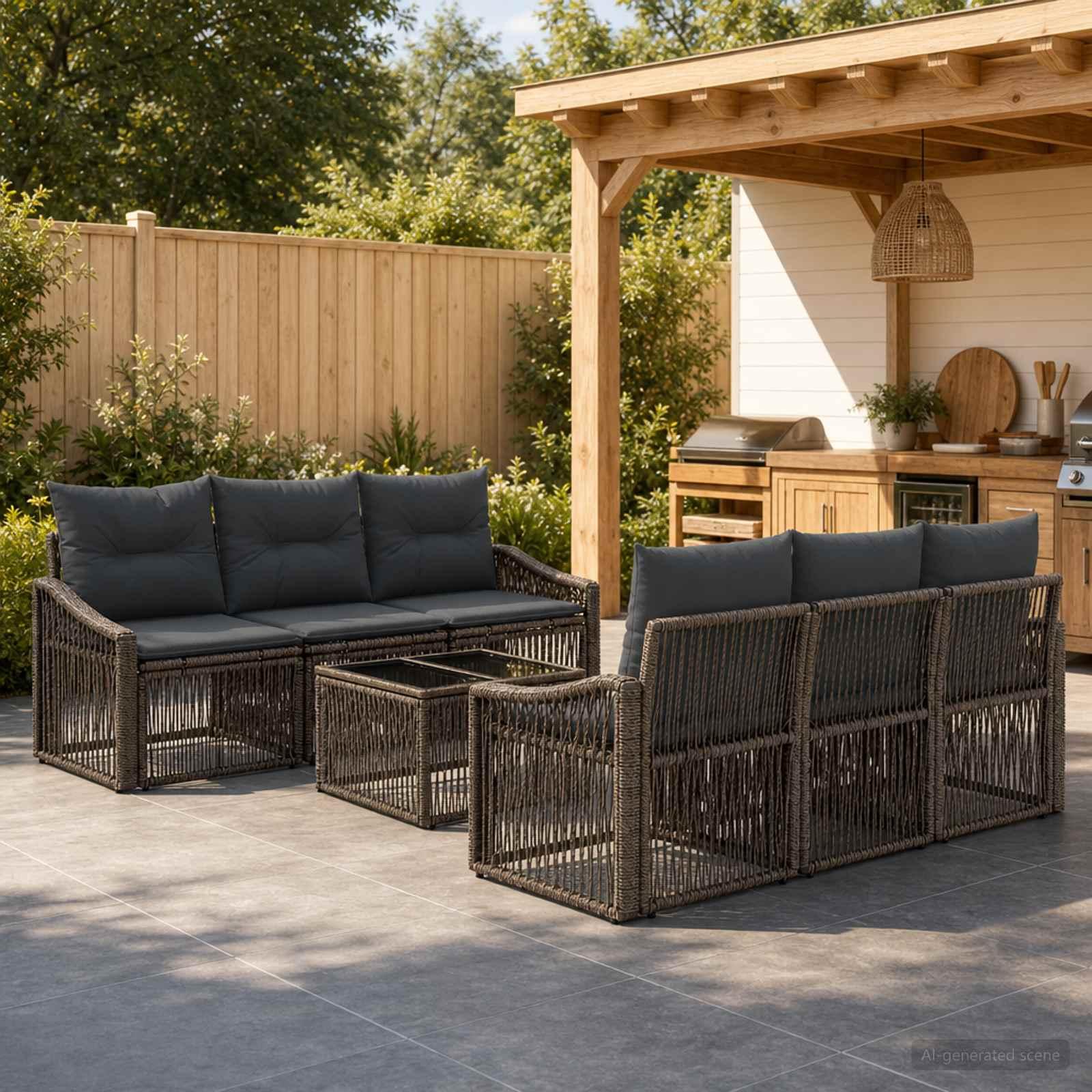 Havesofa sæt 7 dele i grå polyrattan med puder