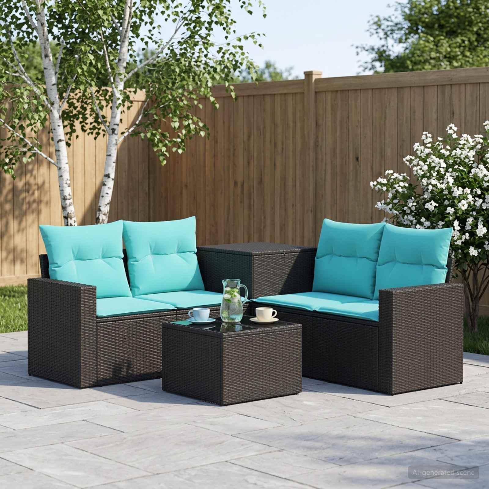 vidaXL Sofa Sæt 6 stk. Sort og Blå Poly Rattan og Stål