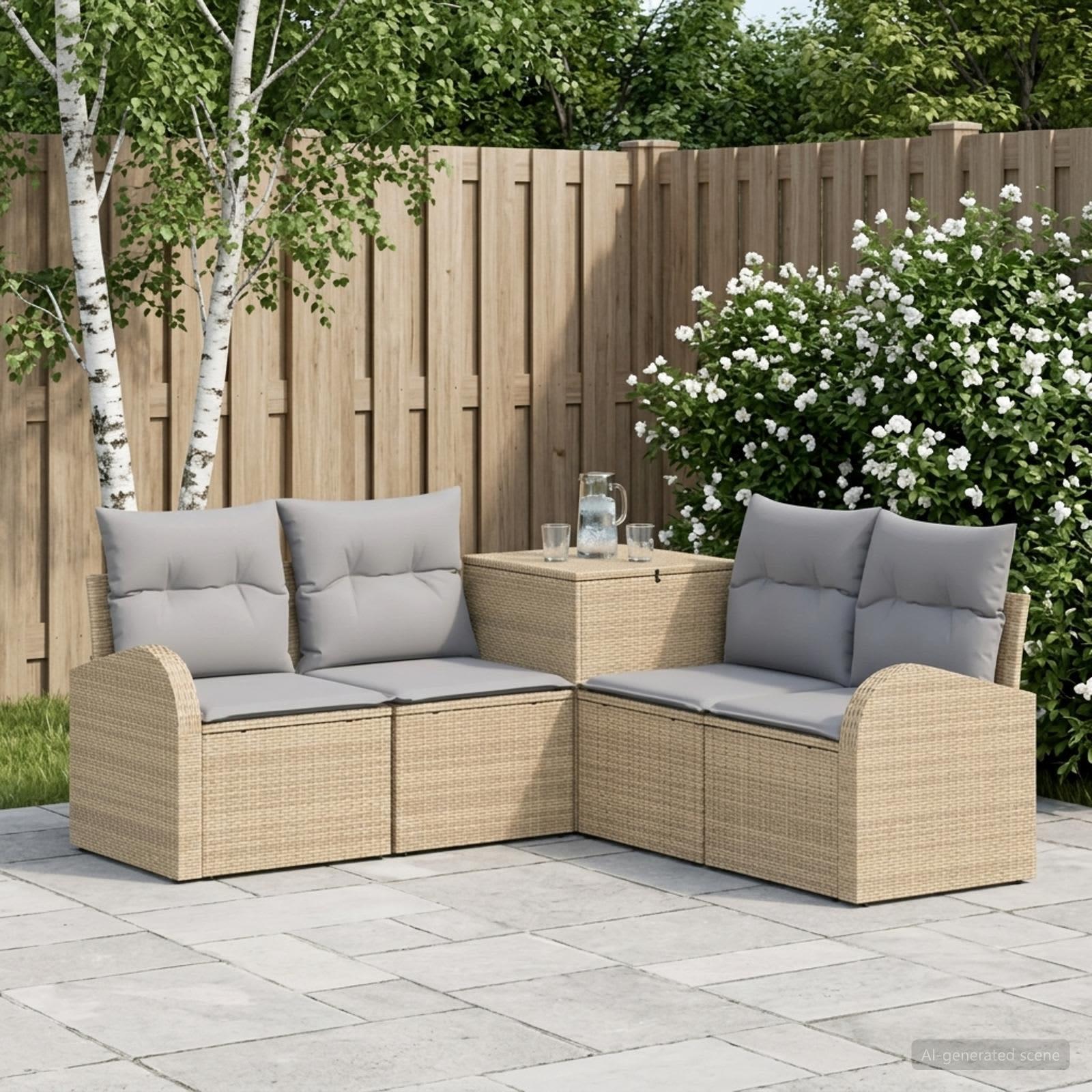 Sofa sæt 5 stk. til have og terrasse i beige og lys grå poly rattan