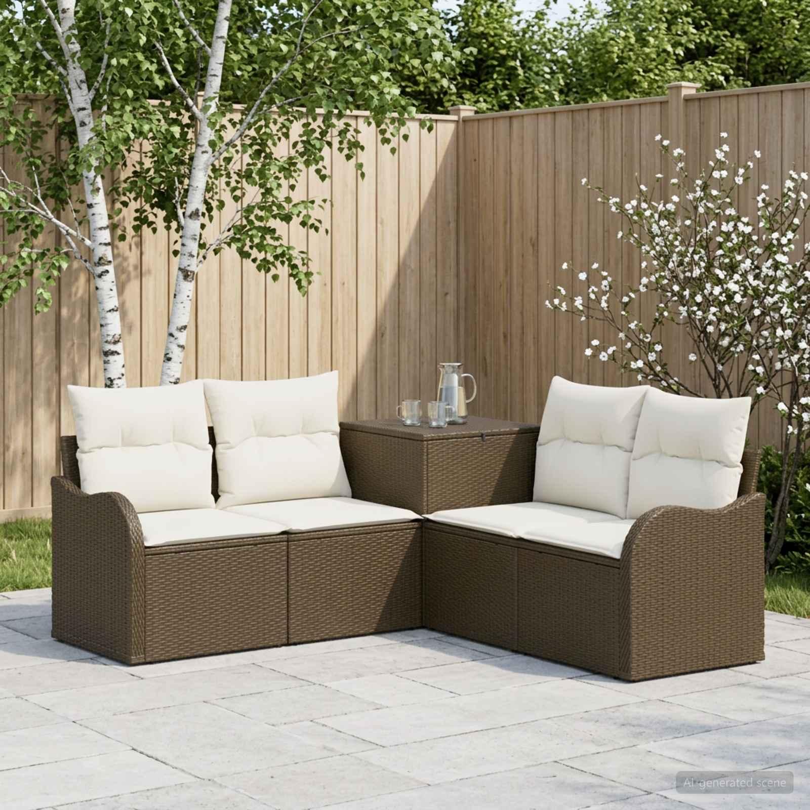Sofa sæt 5 stk. til have og terrasse i brun og creme hvid poly rattan og stål