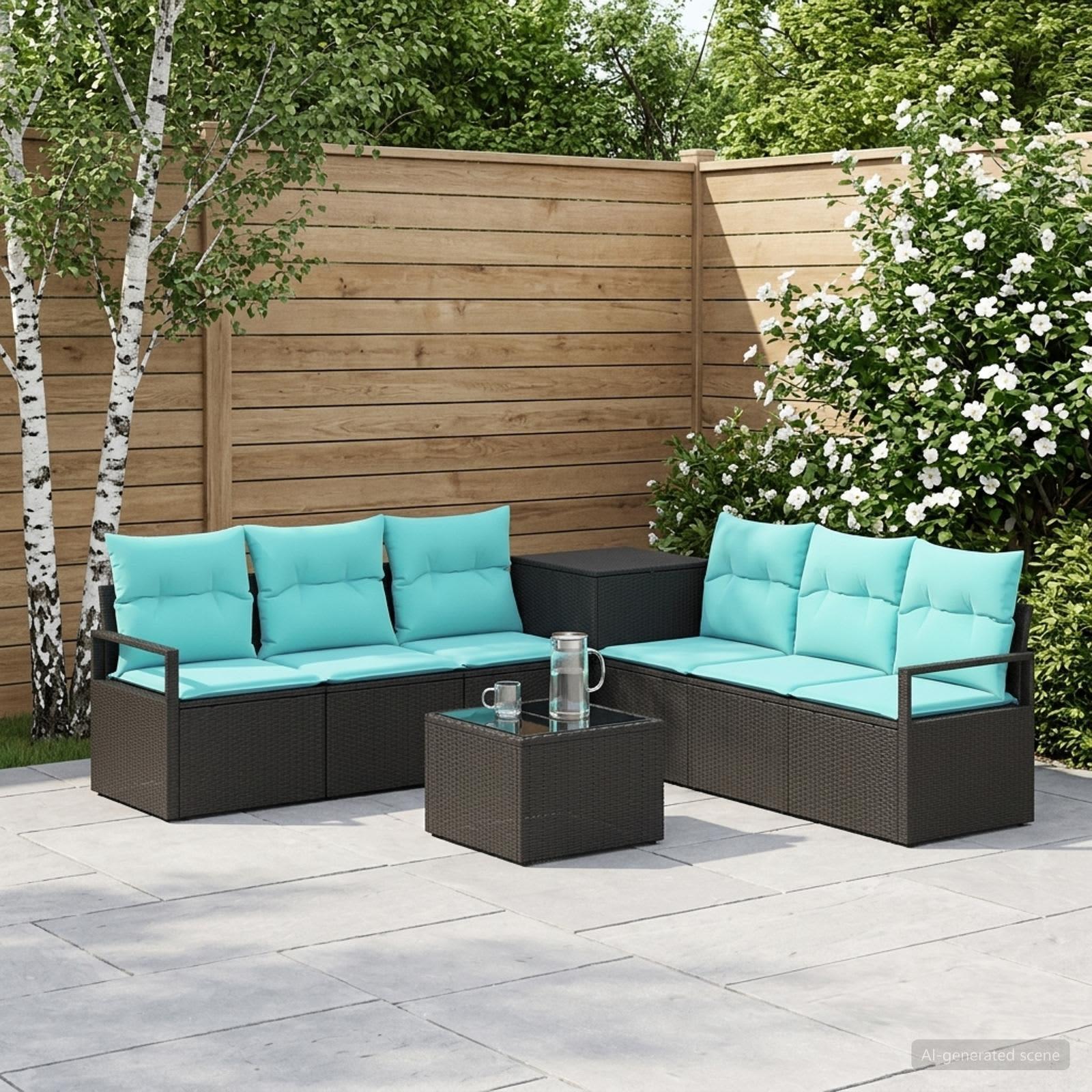 Sofa sæt 8 stk. til have og terrasse i sort og blå poly rattan og stål