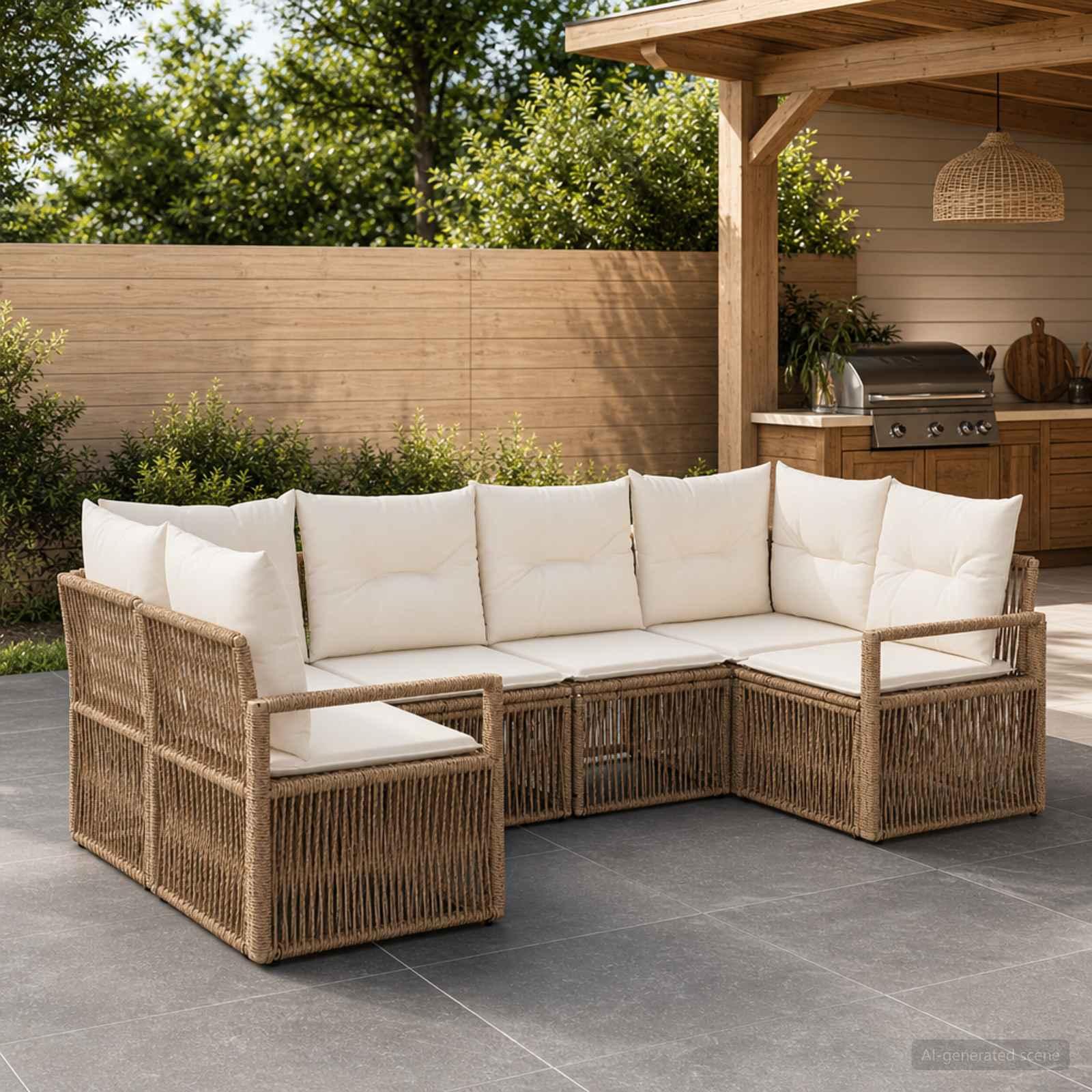 Modulært havesofasæt i beige polyrattan - 6 dele til 6 personer