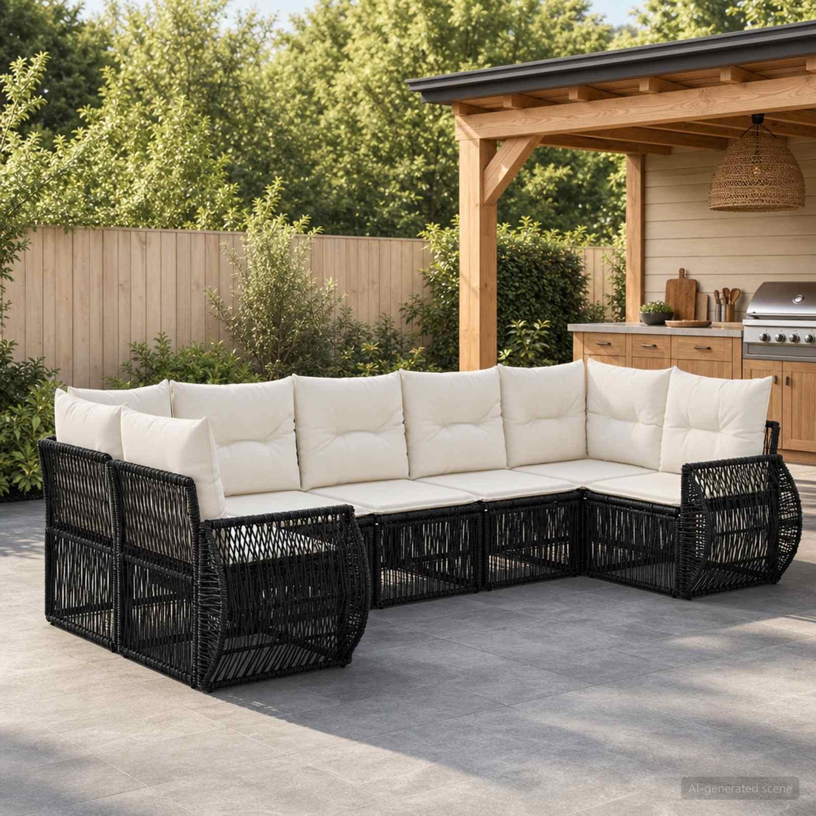 Havesofa sæt 7 stk. med 7 siddepladser i sort og cremehvid polyrattan