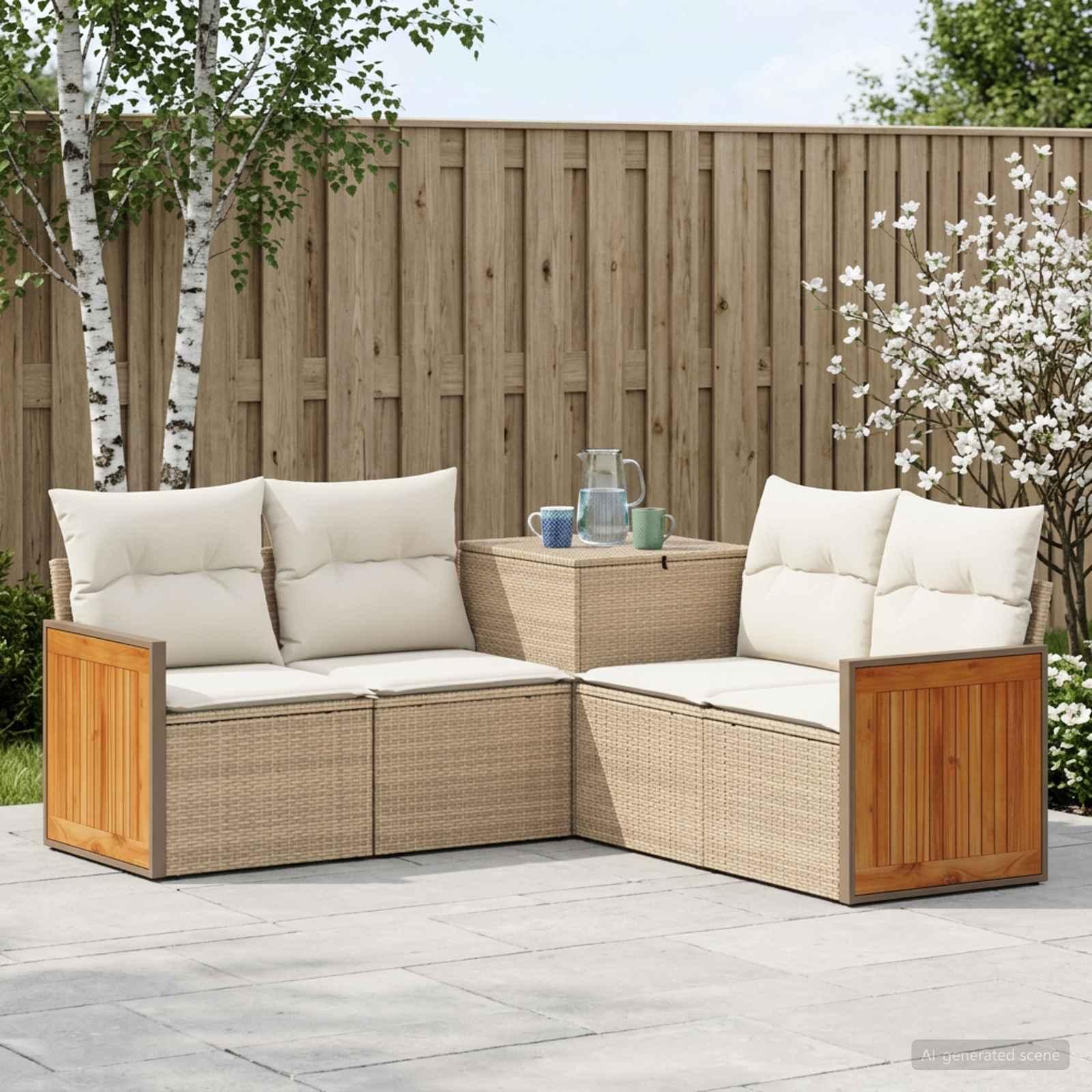 Sofa sæt 5 stk. til haven i beige og cremehvid poly rattan og stål