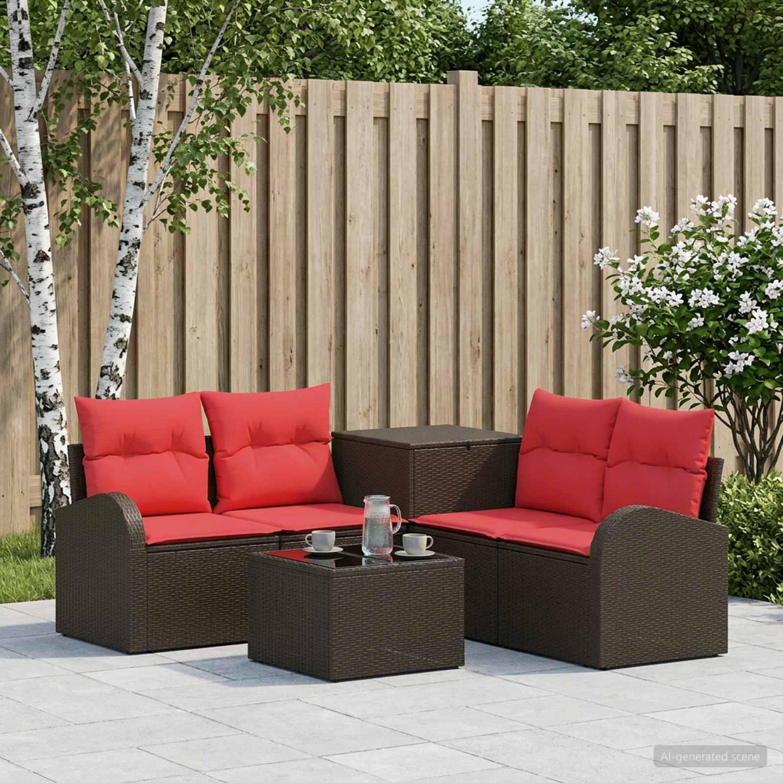 Sofa sæt 6 stk. til have og terrasse i brun og rød poly rattan