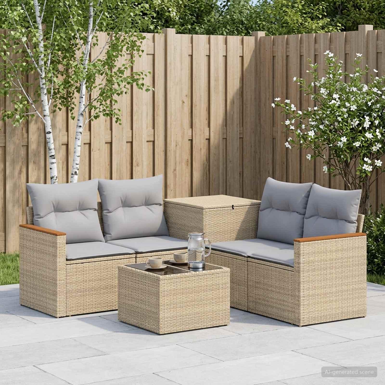 Sofa sæt 6 stk. til have og terrasse i beige og lys grå poly rattan og stål