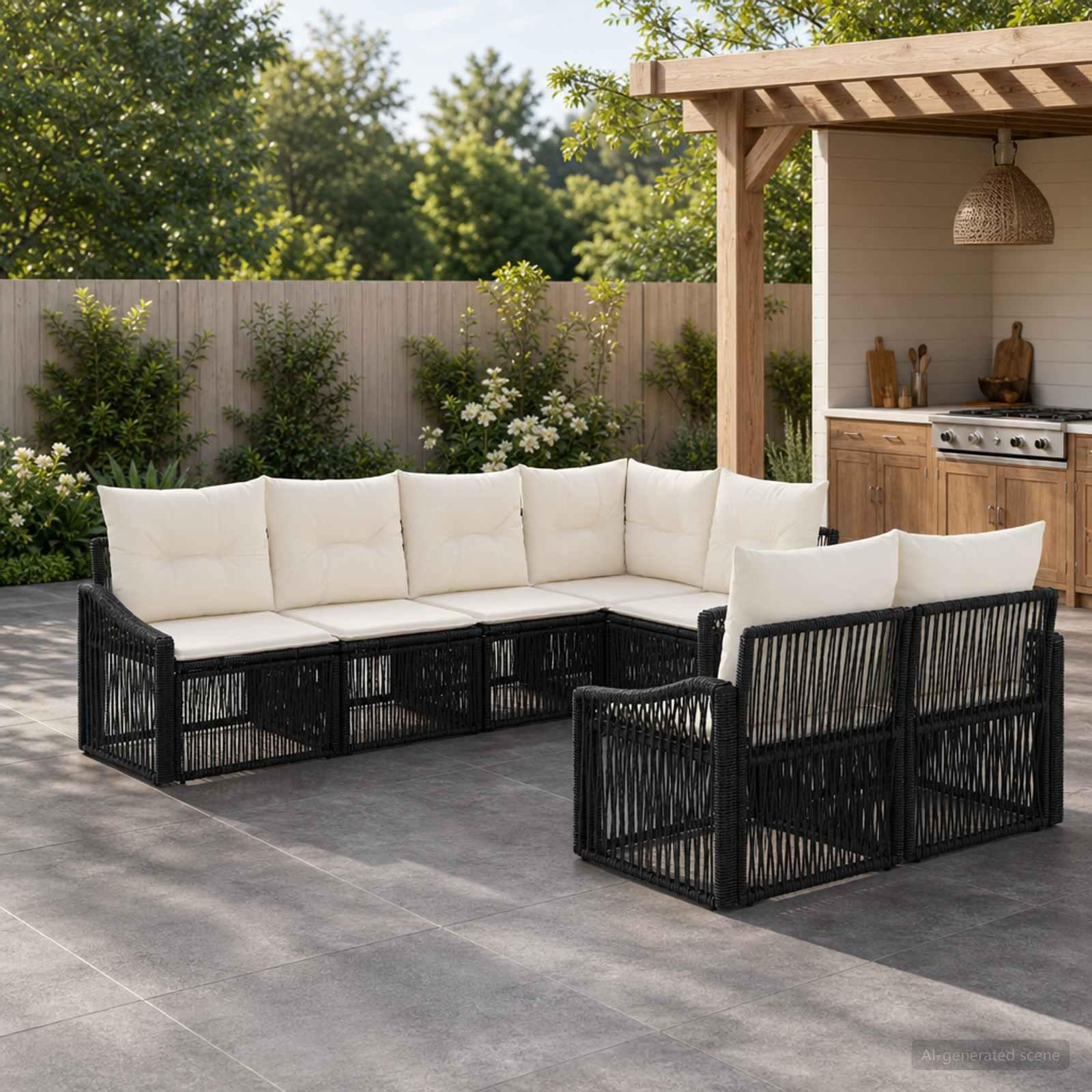 Havesofa sæt 7 stk. med 7 siddepladser i sort polyrattan