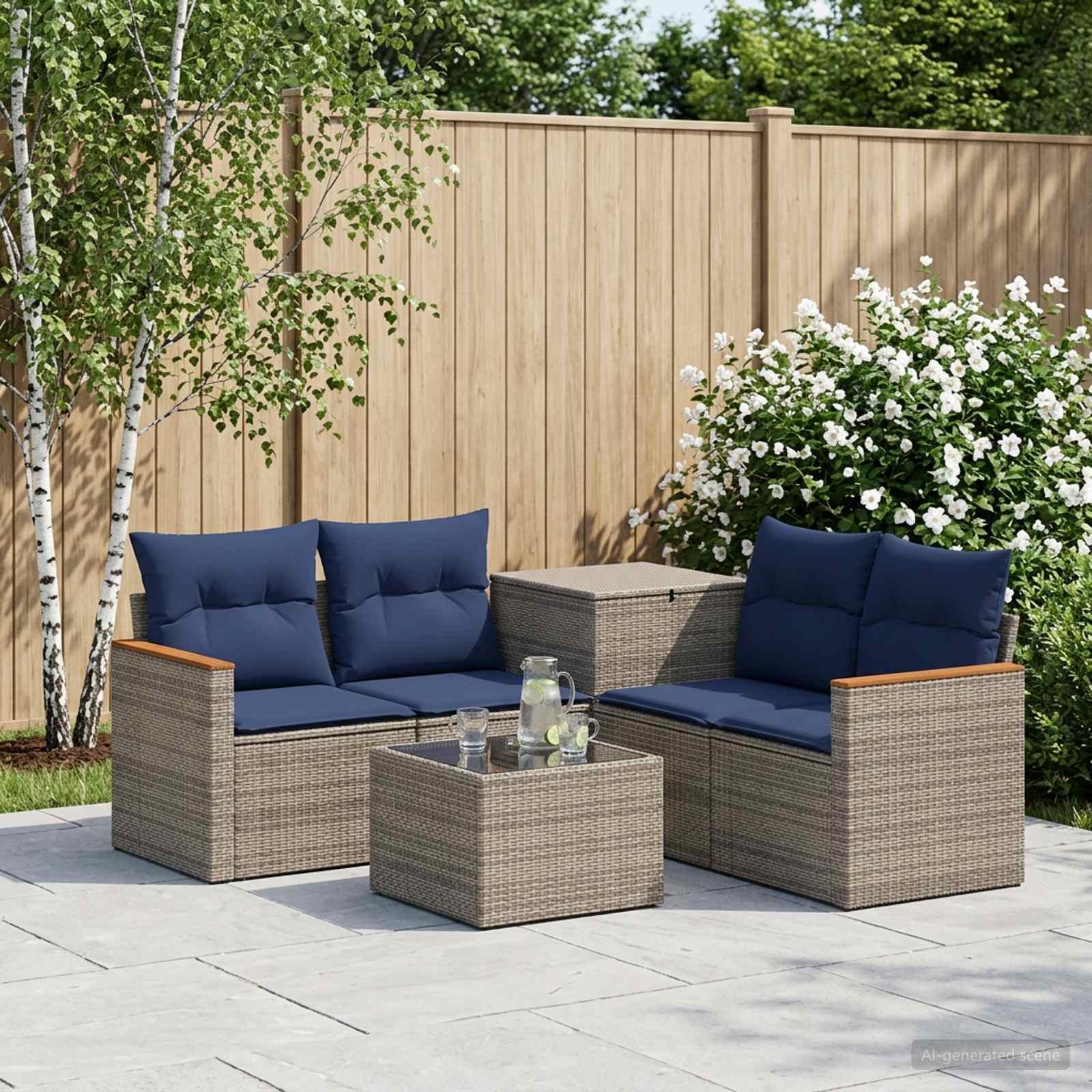 vidaXL Sofa Sæt 6 stk. Grå og Marineblå Poly Rattan og Stål