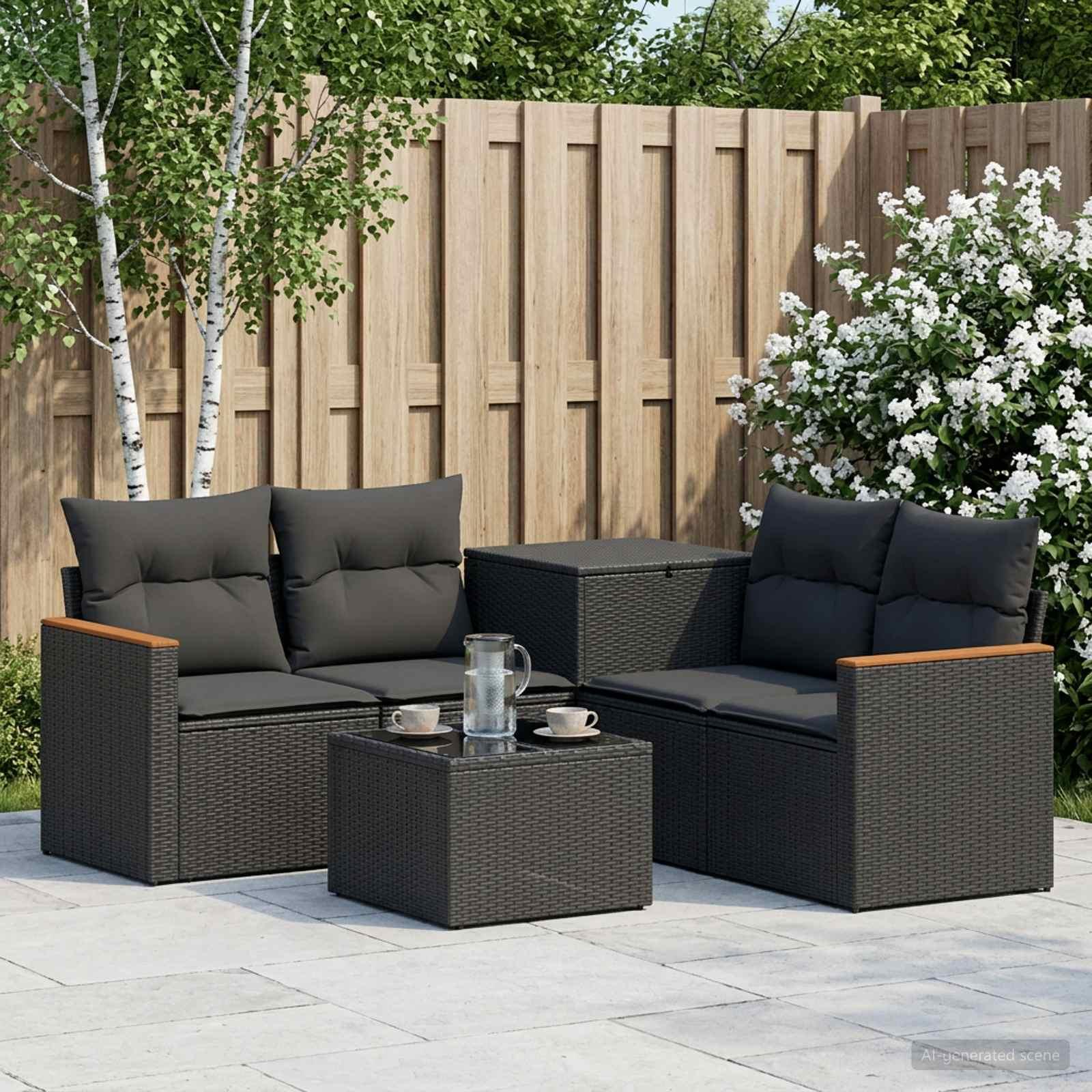 Sofa sæt 6 stk. i sort poly rattan og stål til have og terrasse