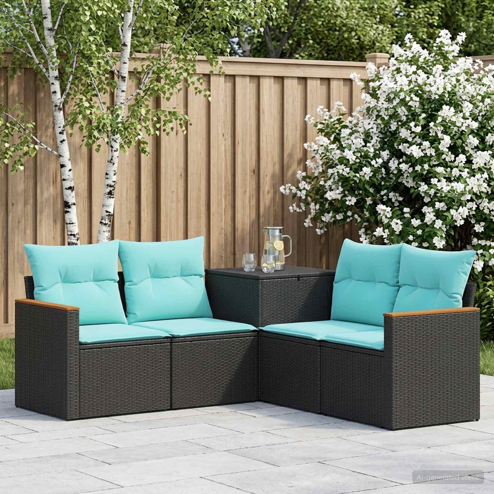 Sofa sæt 5 stk. til have og terrasse i sort og blå poly rattan og stål