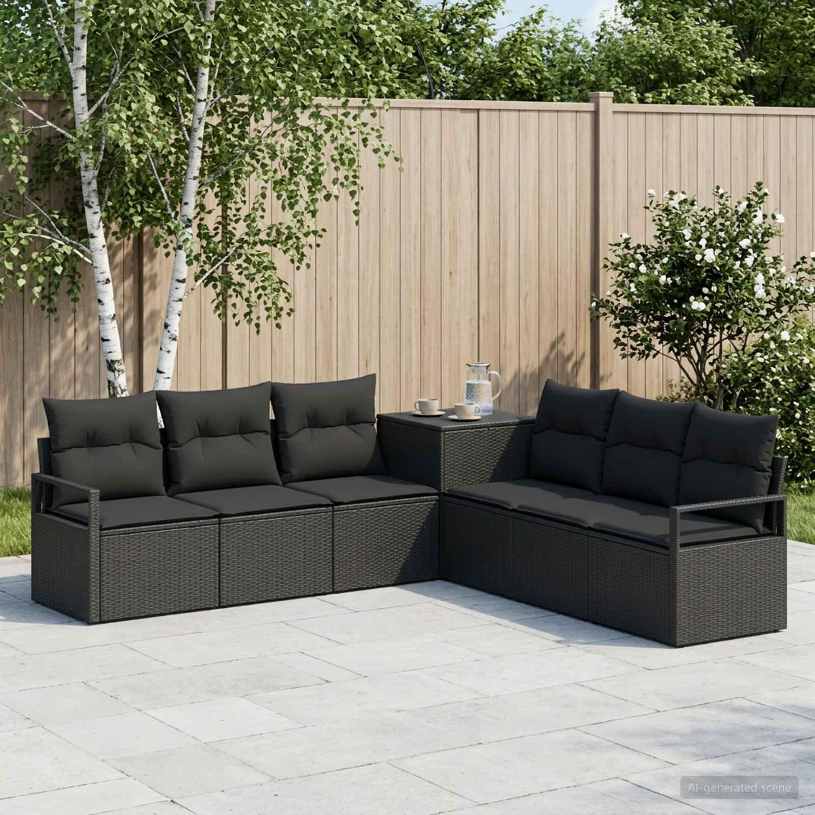 Sofa sæt 7 stk. i sort poly rattan og stål til have og terrasse