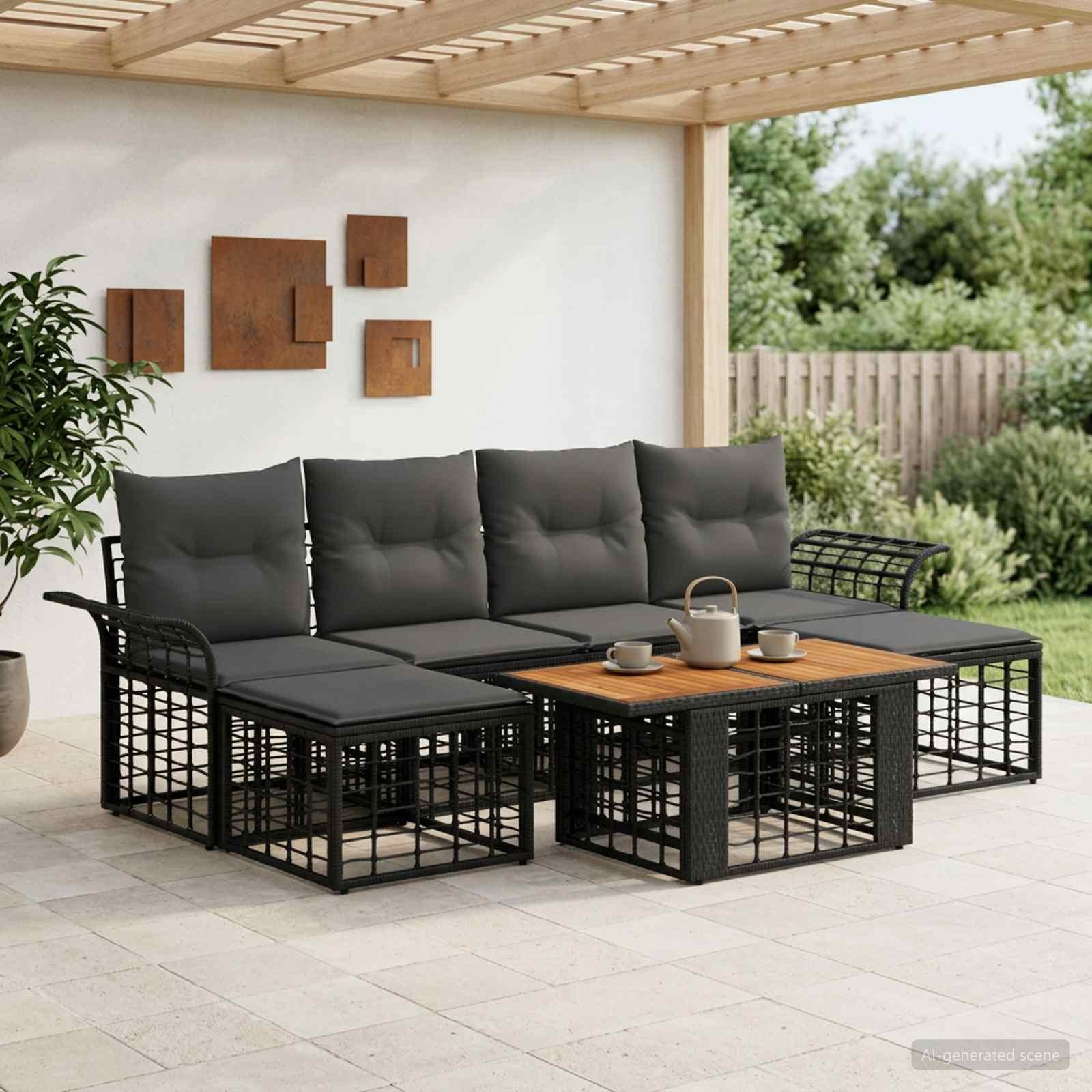 Havesofa sæt 7 stk. i polyrattan med bord - sort og mørkegrå