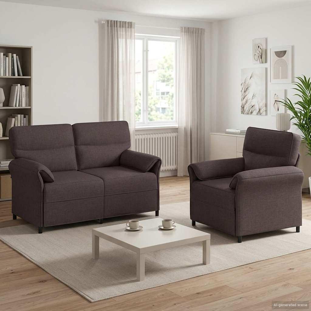 Sofasæt 2 stk. mørk brun stof - 2-personers sofa og lænestol