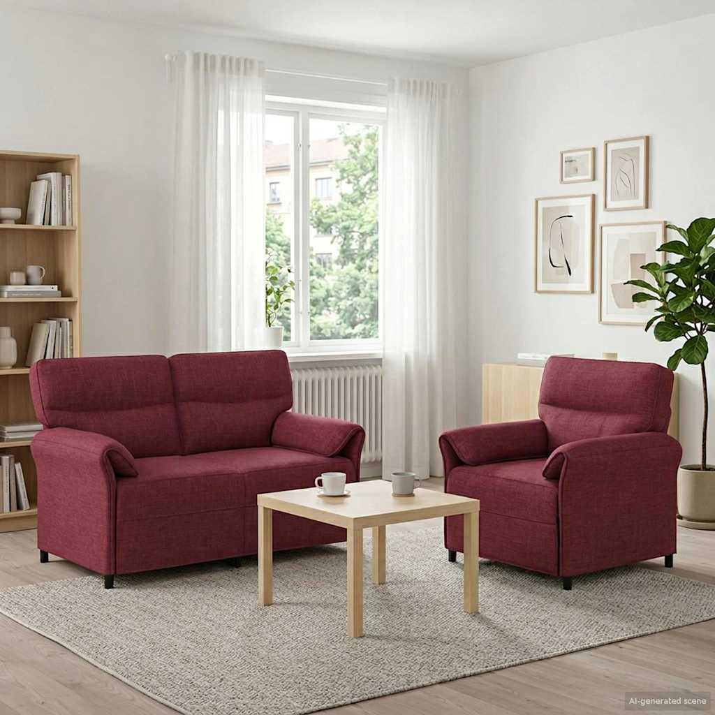 Sofa sæt 2 stk. i vinrød stof - 2- og 1-personers sofa