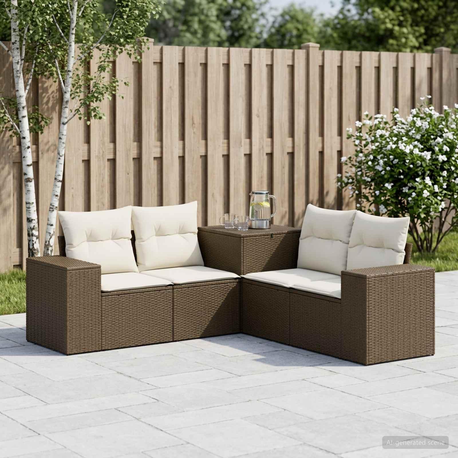 Havemøbelsæt sofa 5 dele i poly rattan og stål - brun/cremehvid