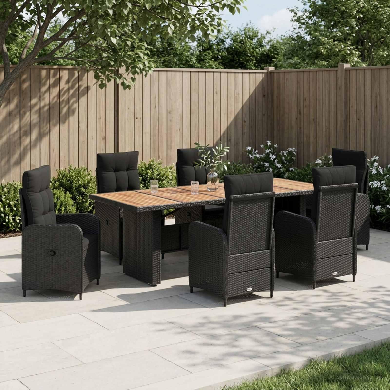 Udendørs spisegruppe 7 dele i sort polyrattan med akaciebord