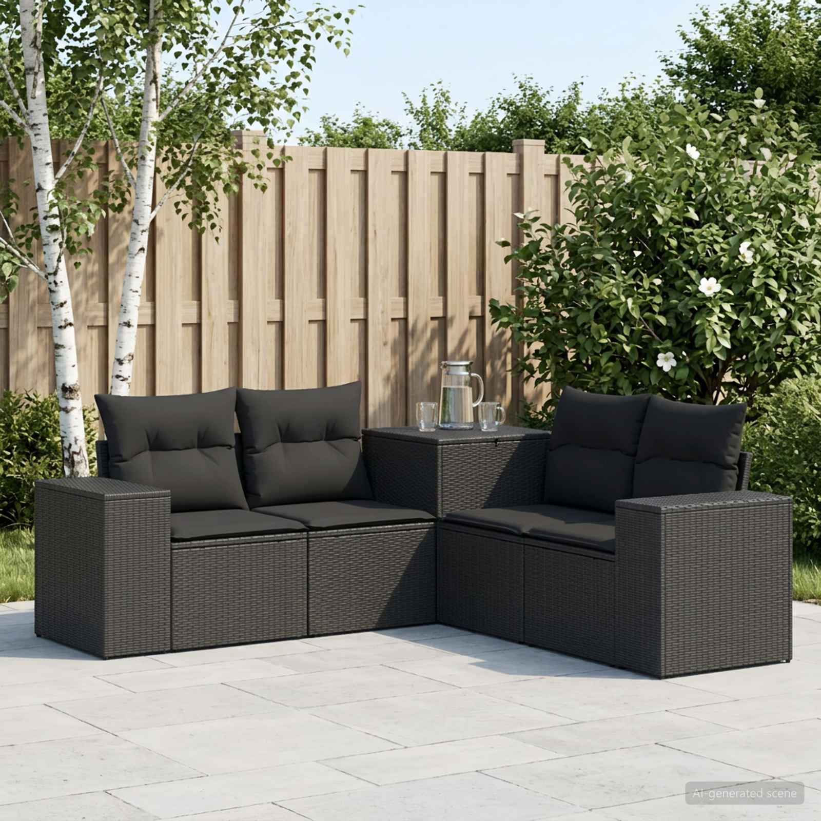 Sofa sæt 5 stk. sort poly rattan og stål til haven
