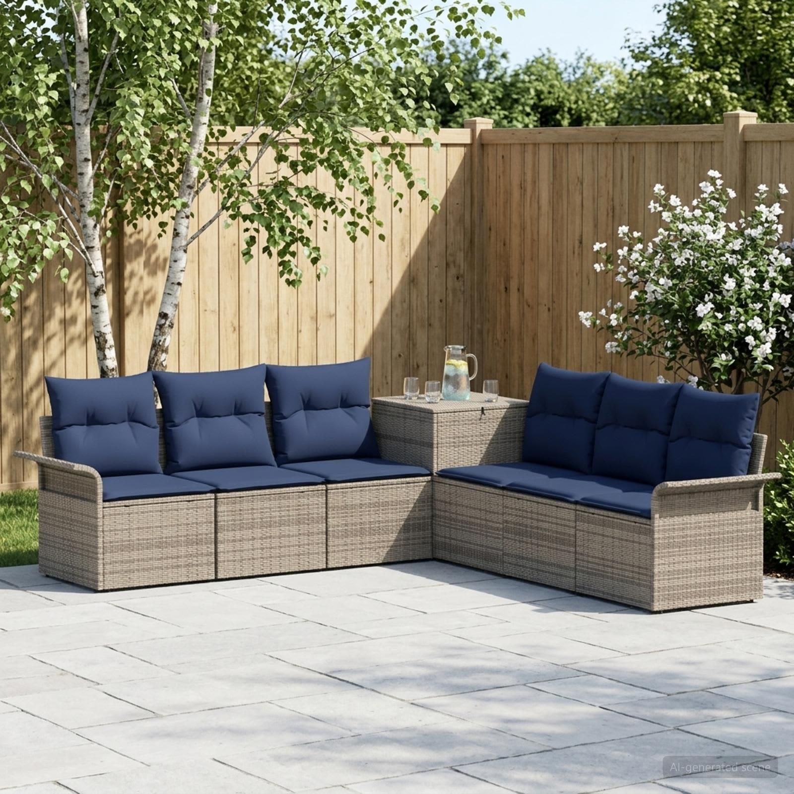 vidaXL Sofa Sæt 7 stk. Grå og Marineblå Poly Rattan og Stål