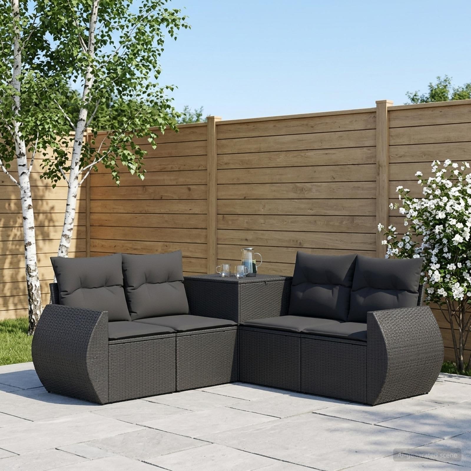 Sofa sæt 5 stk. i sort polyrattan og stål til have og terrasse