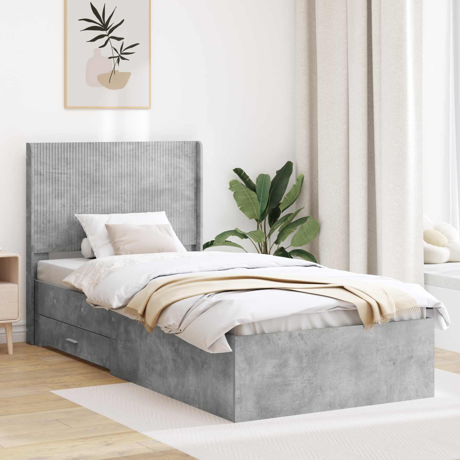 vidaXL Sengestel med opbevaring og hovedgærde Betongrå 90 x 190 cm