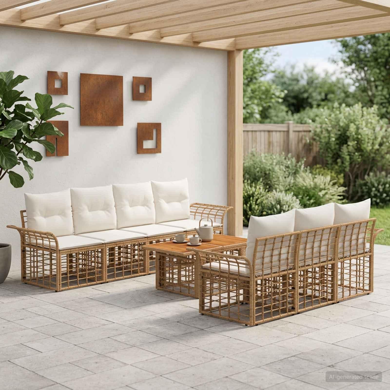 Havesofa sæt 8 stk. i polyrattan med bord - naturlig og cremehvid