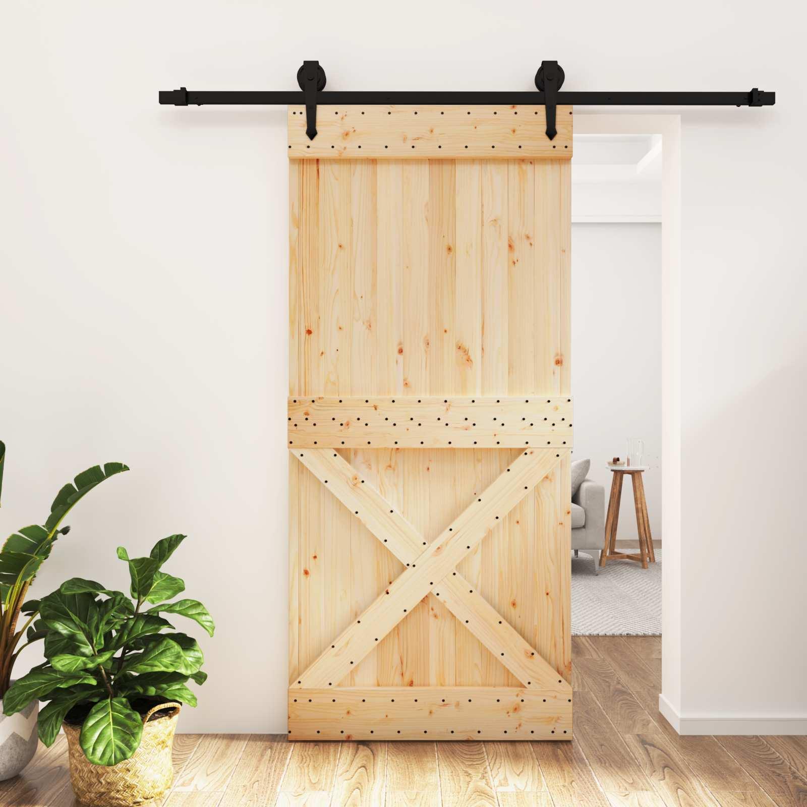 Skydedør i massivt fyrretræ med skinnesæt 95 x 210 cm naturfarvet og sort