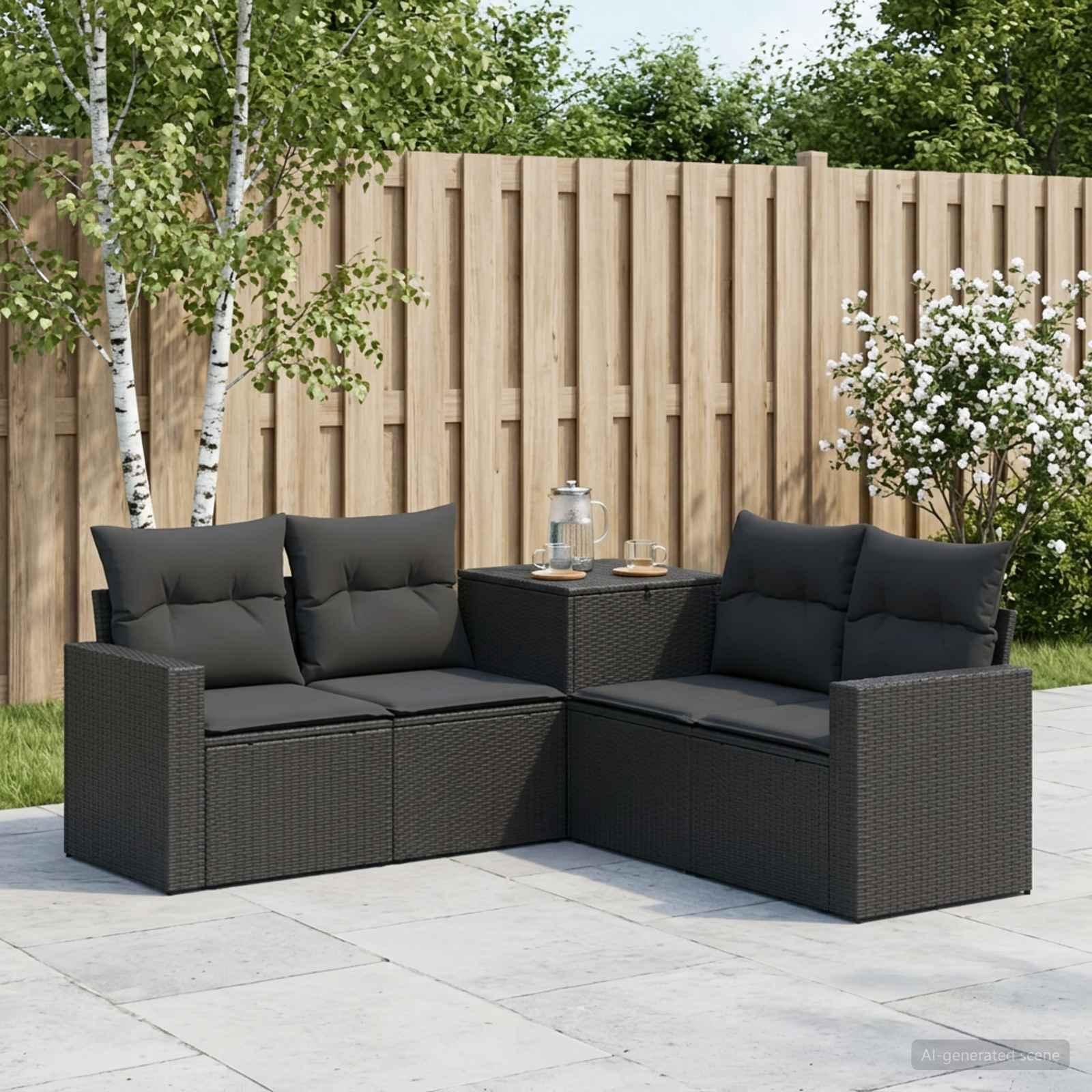 Sofa sæt 5 stk. i sort poly rattan og stål til have
