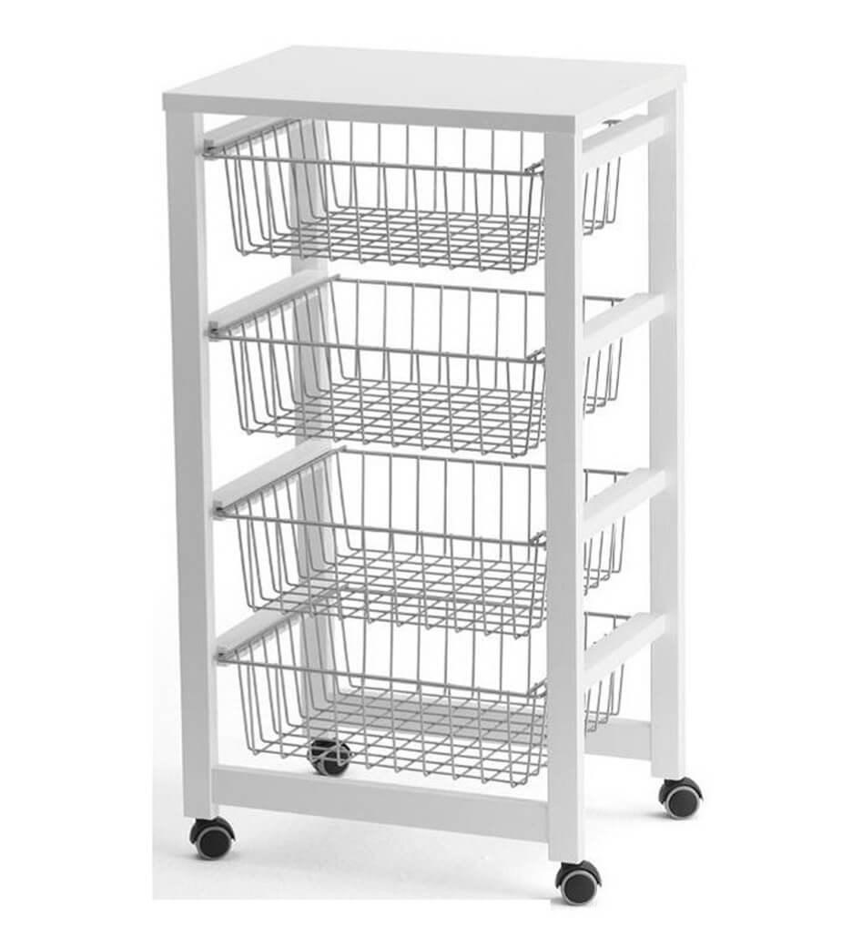 Køkkenvogn med 4 kurve og hjul - 83 x 46 cm, hvid