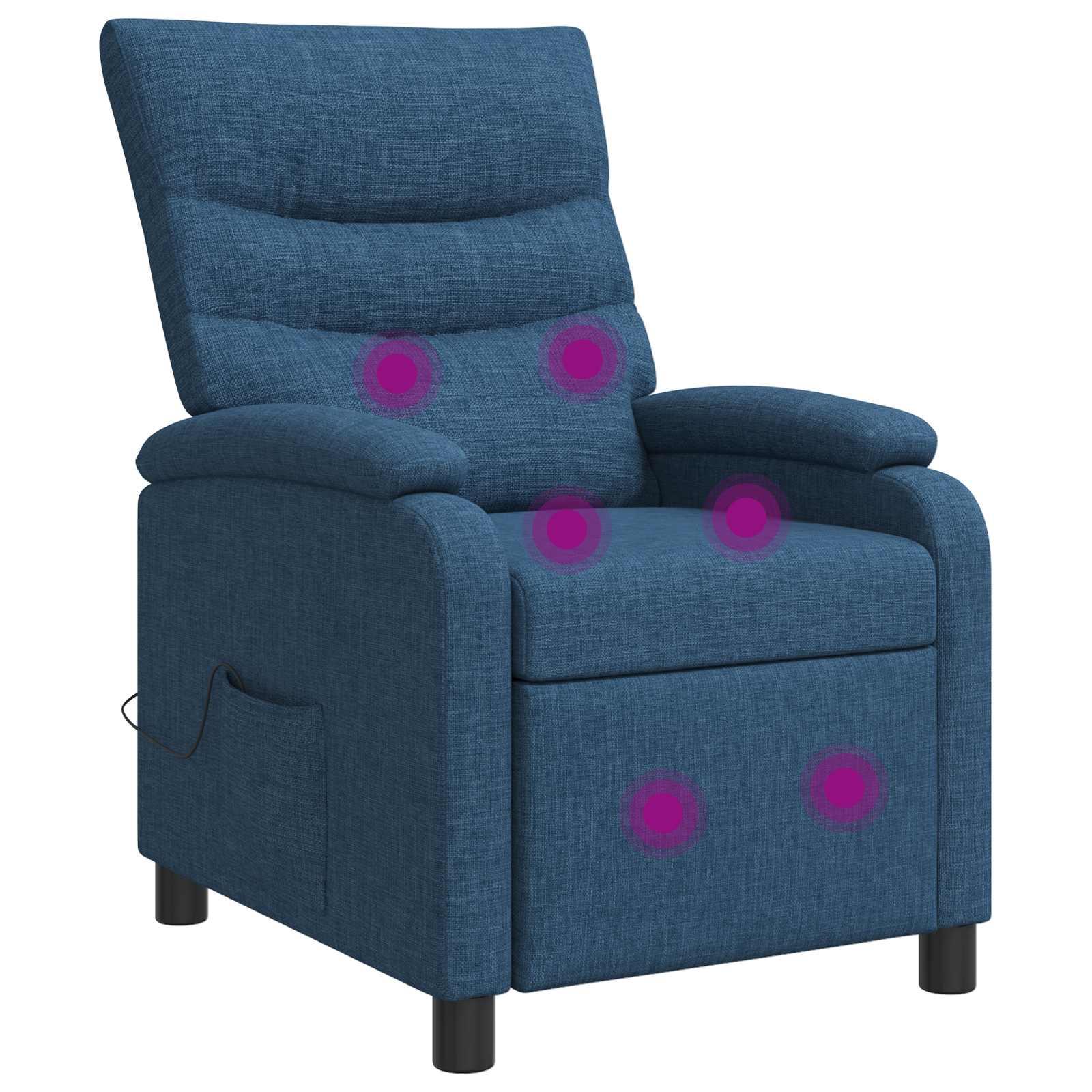 Massage lænestol i blå stof med recliner og 6 massagepunkter
