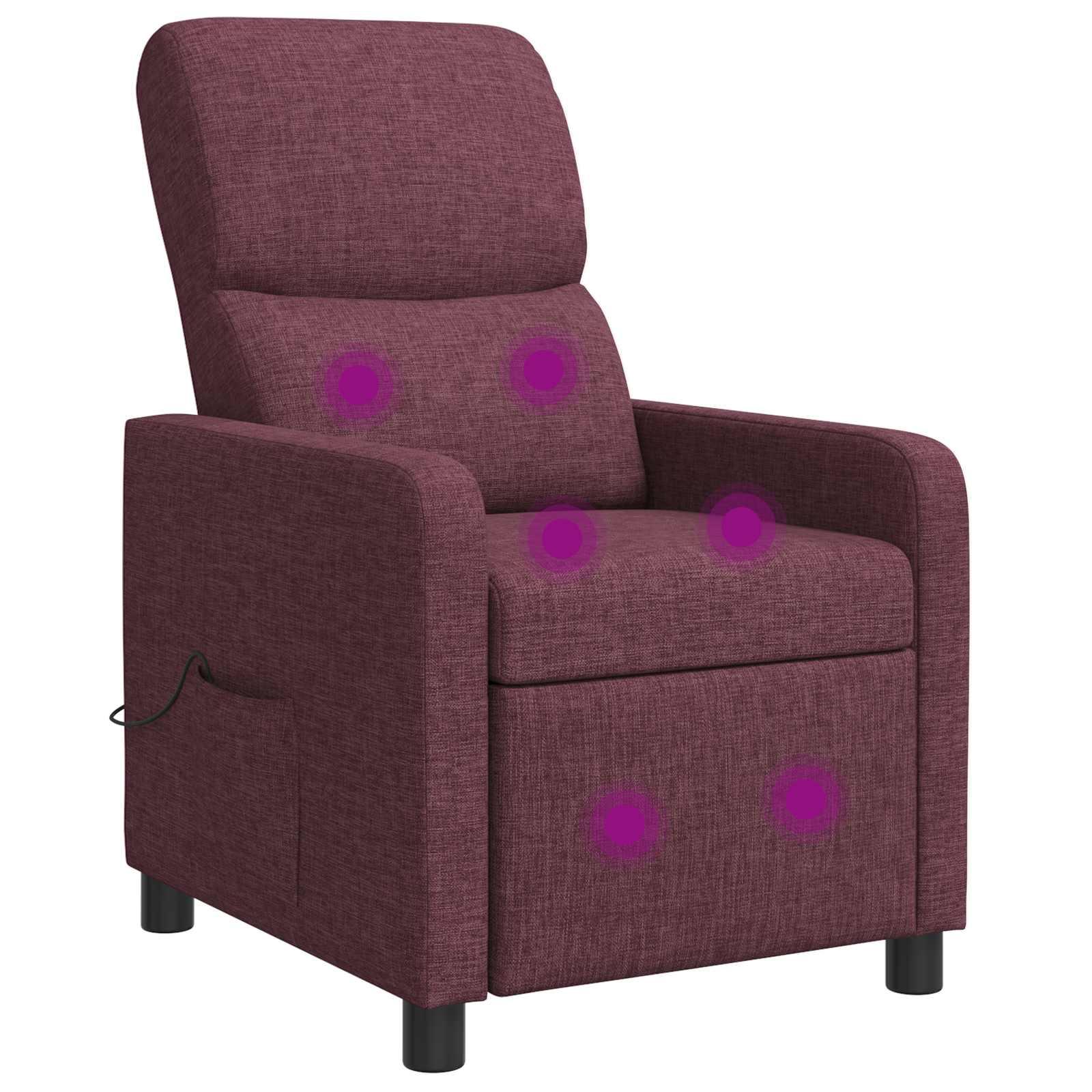 Recliner lænestol i lilla stof med massage og fjernbetjening