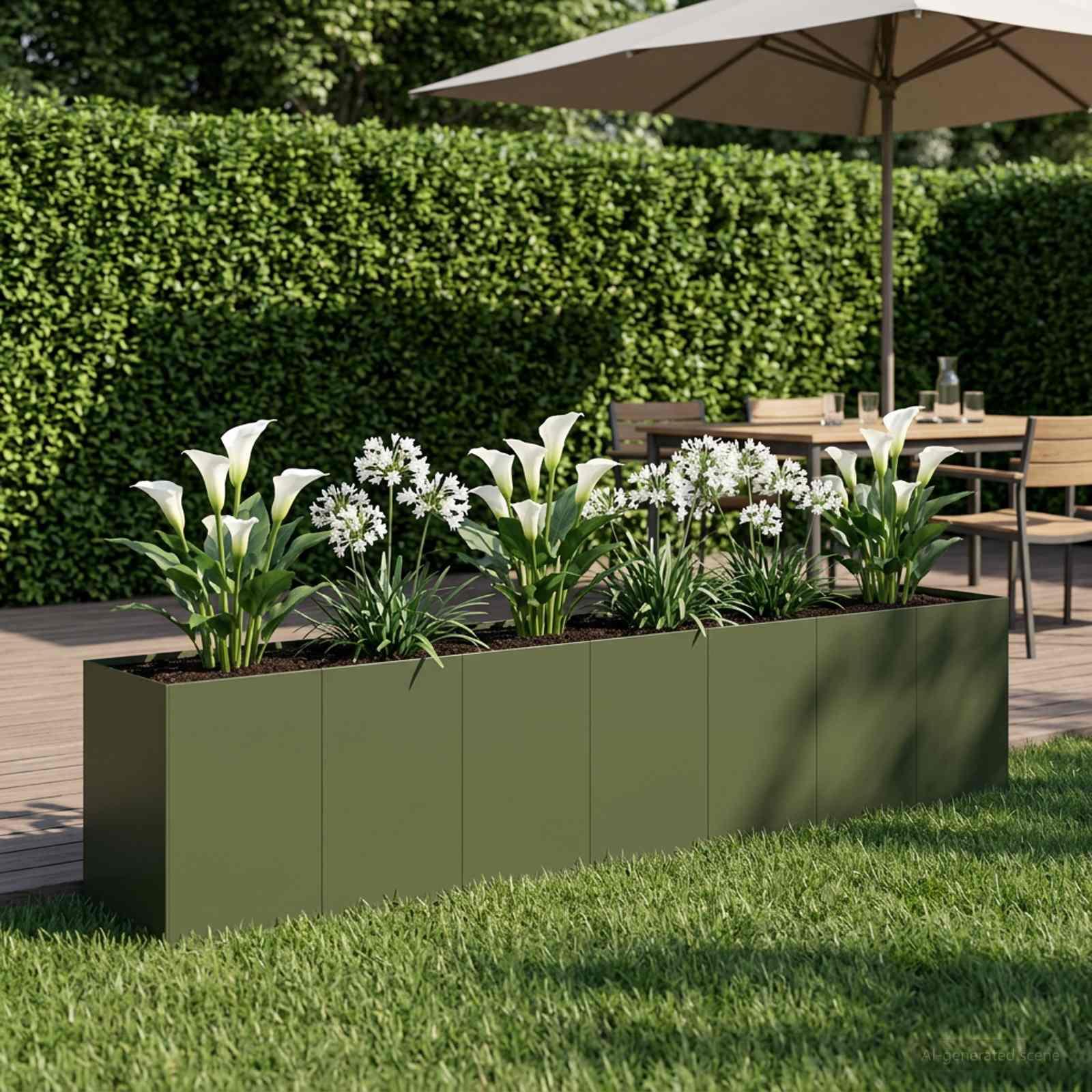 Blomsterkrukke plantekasse i koldvalset stål 280 x 40 x 60 cm - olivengrøn