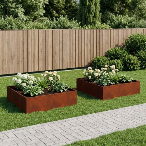 Blomsterkrukke 2 stk. i cortenstål 100 x 100 x 30 cm - rusten