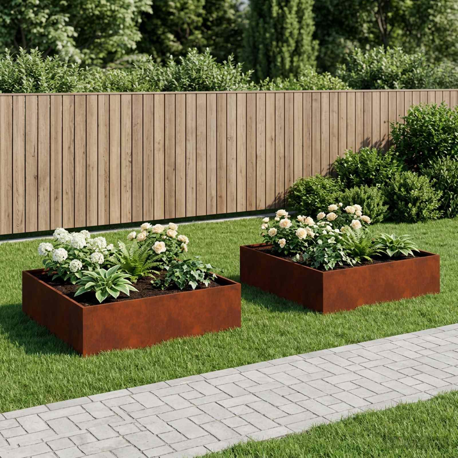 Blomsterkrukke 2 stk. i cortenstål 100 x 100 x 30 cm - rusten