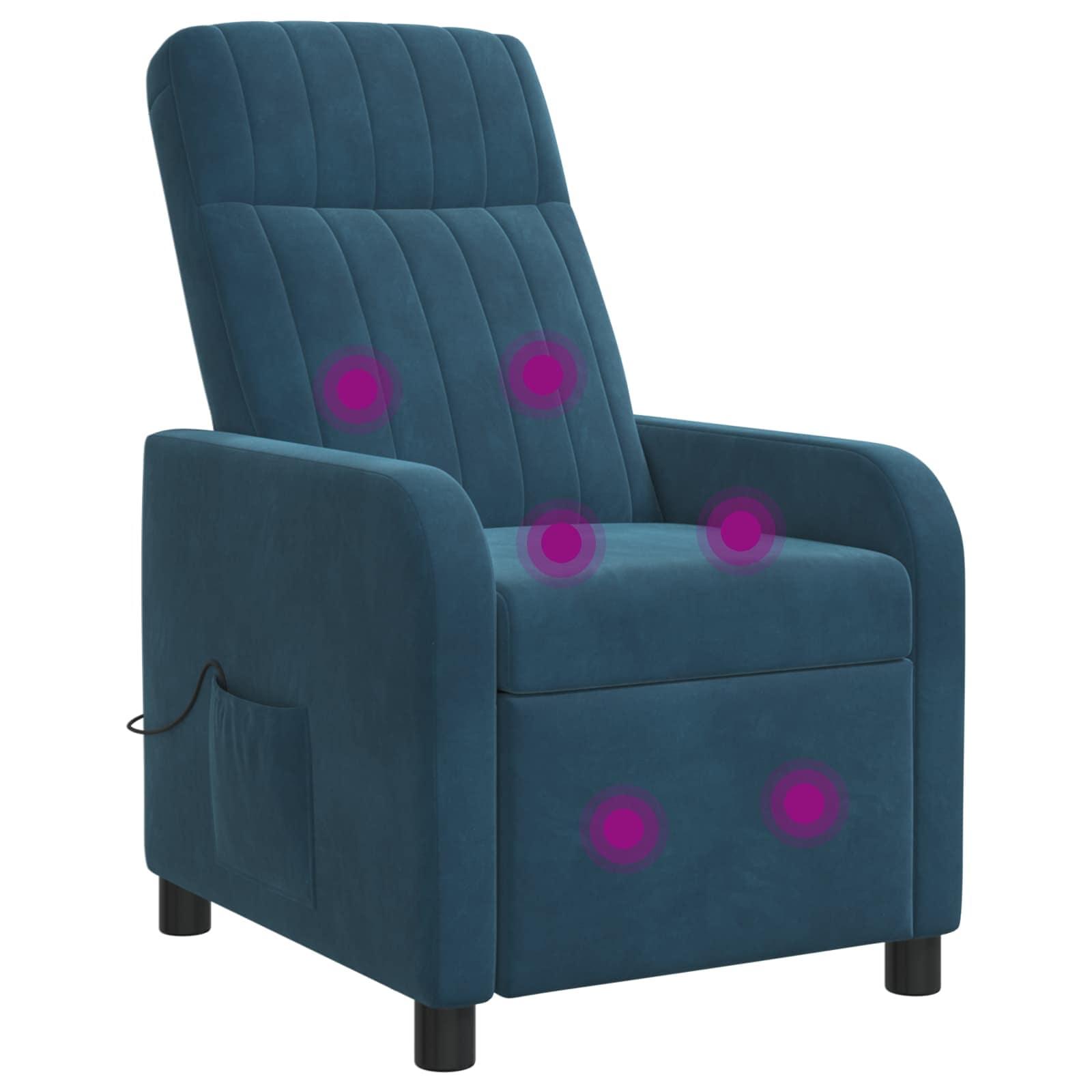 Massage lænestol i blå velour med recliner og massagefunktion