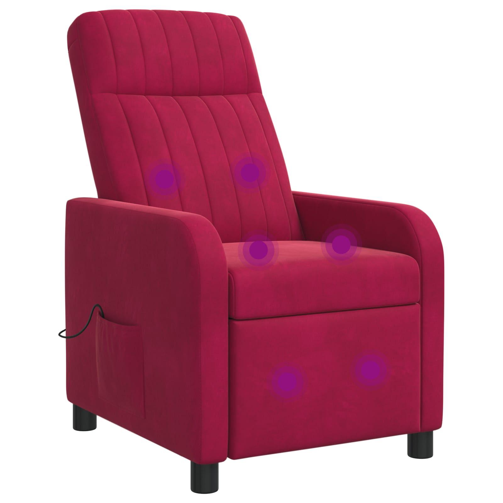 Massage lænestol med recliner og USB i vinrød velour