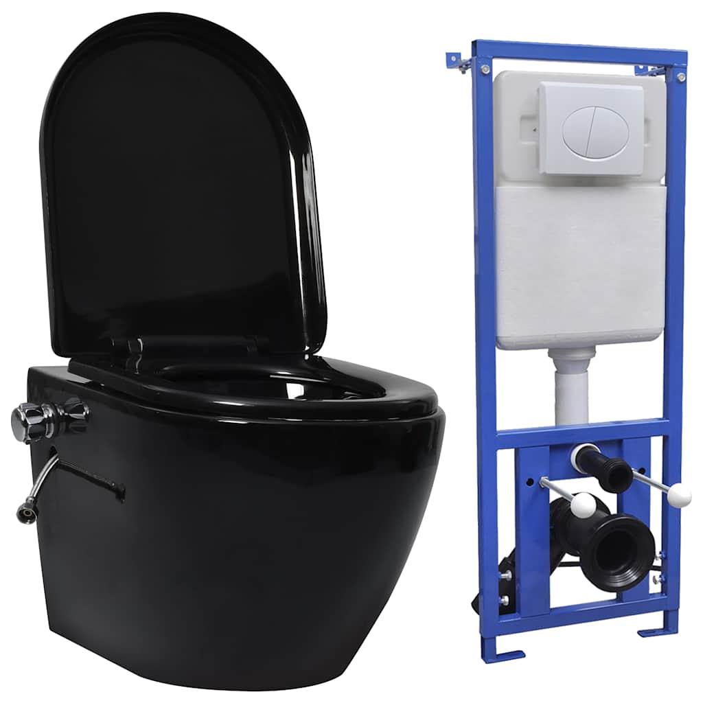 Væghængt toilet uden kant med skjult cisterne og bidetfunktion - sort