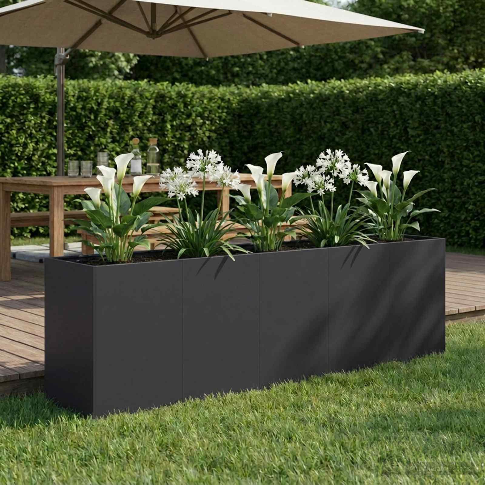 Have blomsterkrukke i sort koldvalset stål 200 x 40 x 60 cm