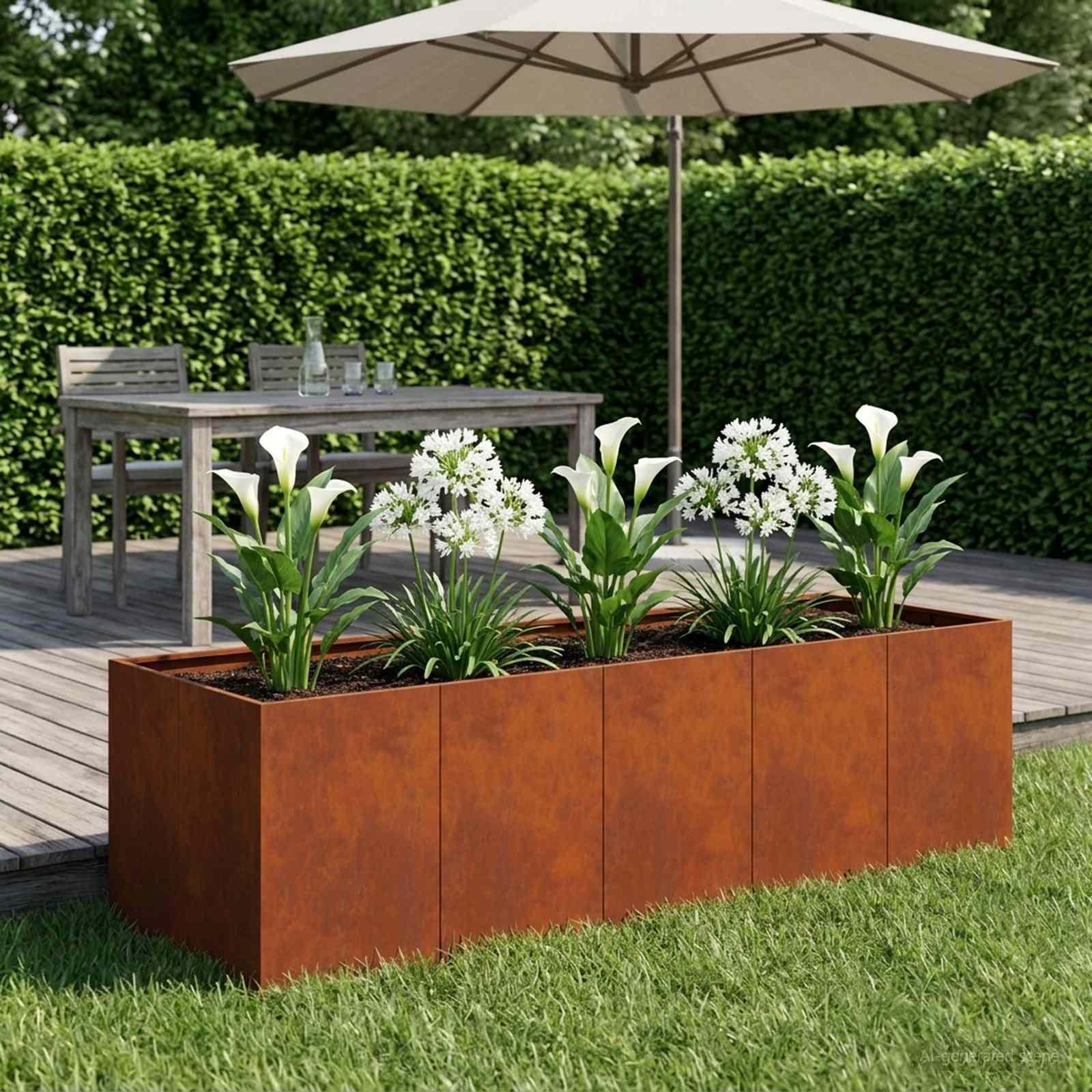 Blomsterkrukke i cortenstål 200 x 80 x 60 cm - rusten plantekasse til have