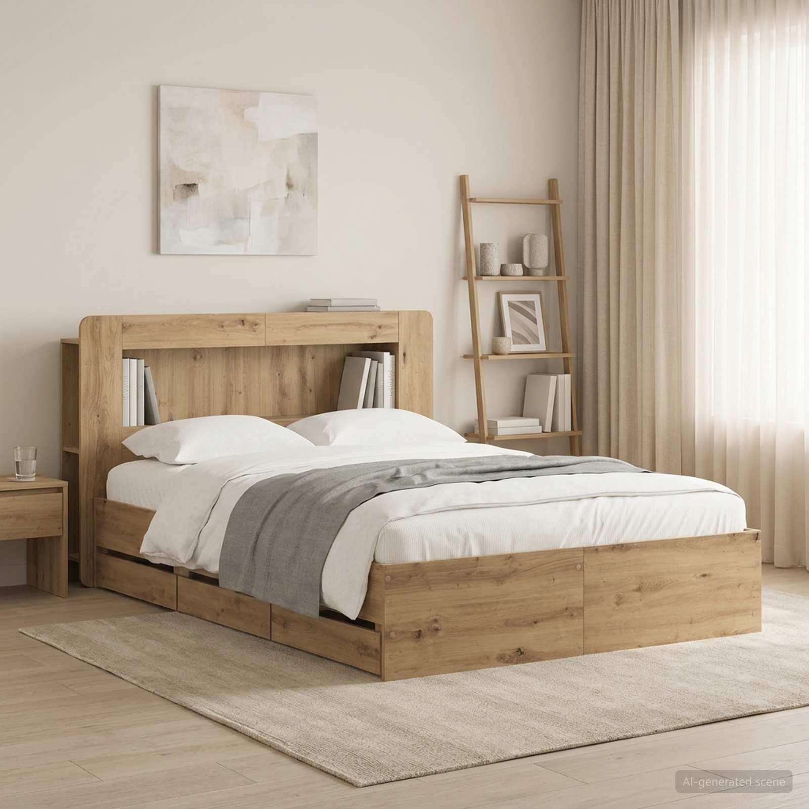 vidaXL Sengestel med opbevaring og hovedgærde Artisan-eg 140 x 190 cm