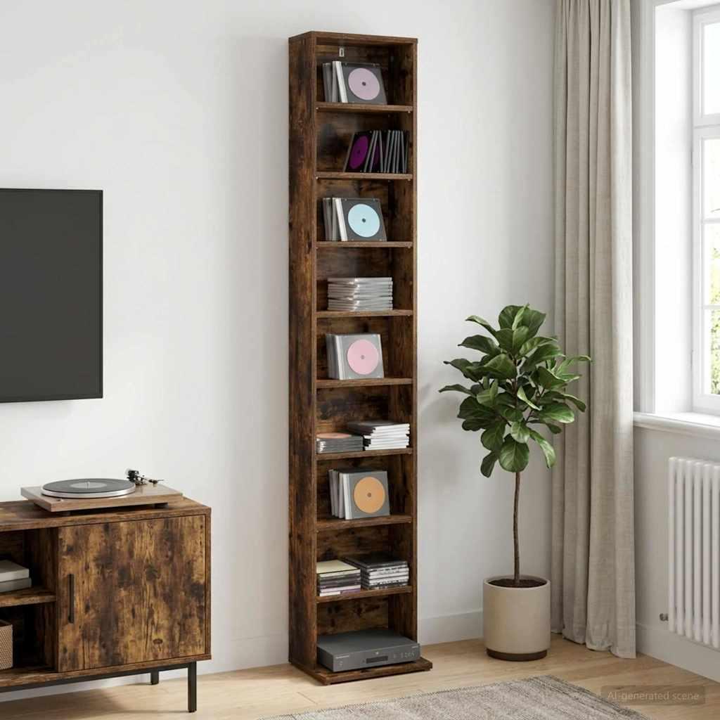 CD skab i røget eg 33 x 23,5 x 175 cm i konstrueret træ