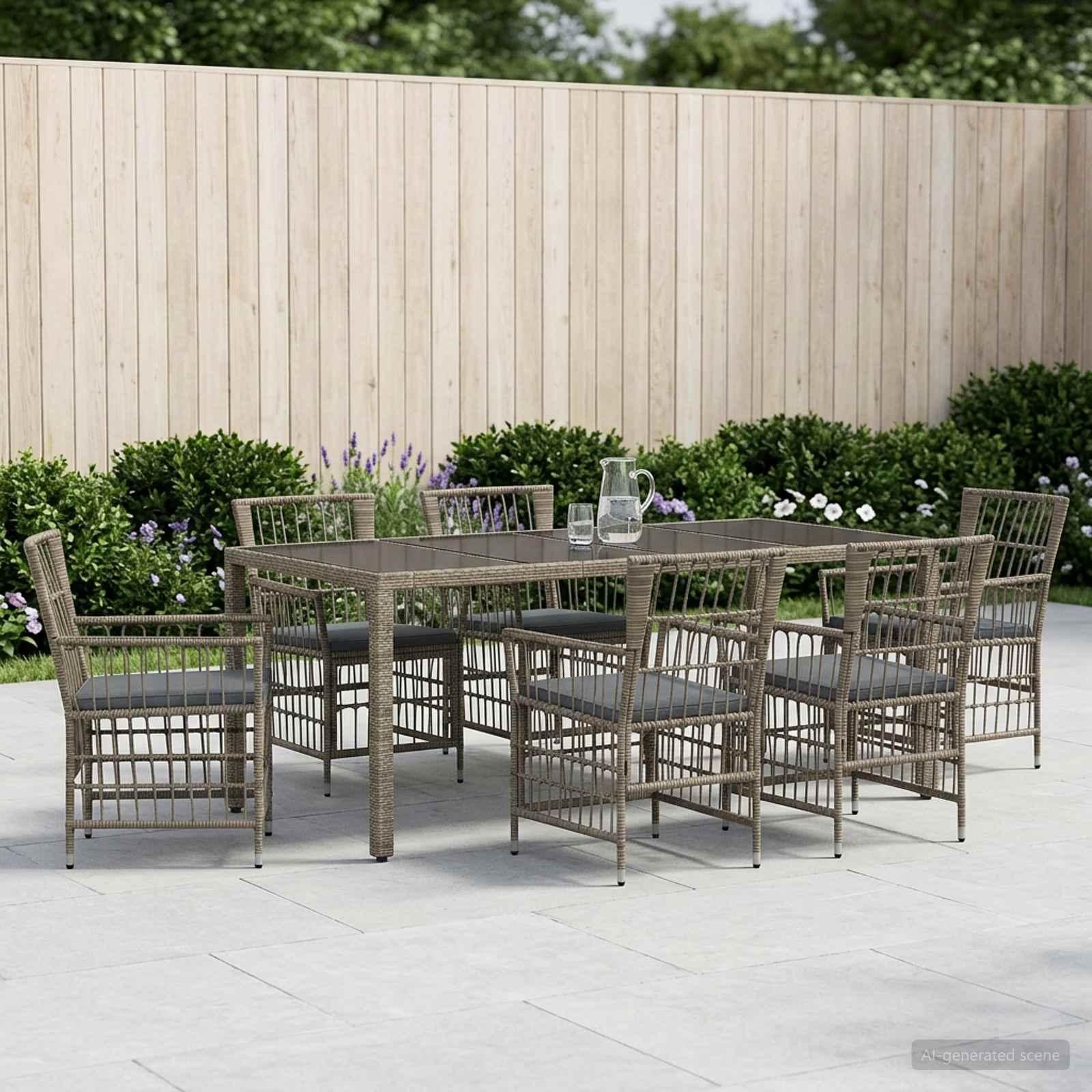 Udendørs spisebordssæt 7 dele i grå polyrattan