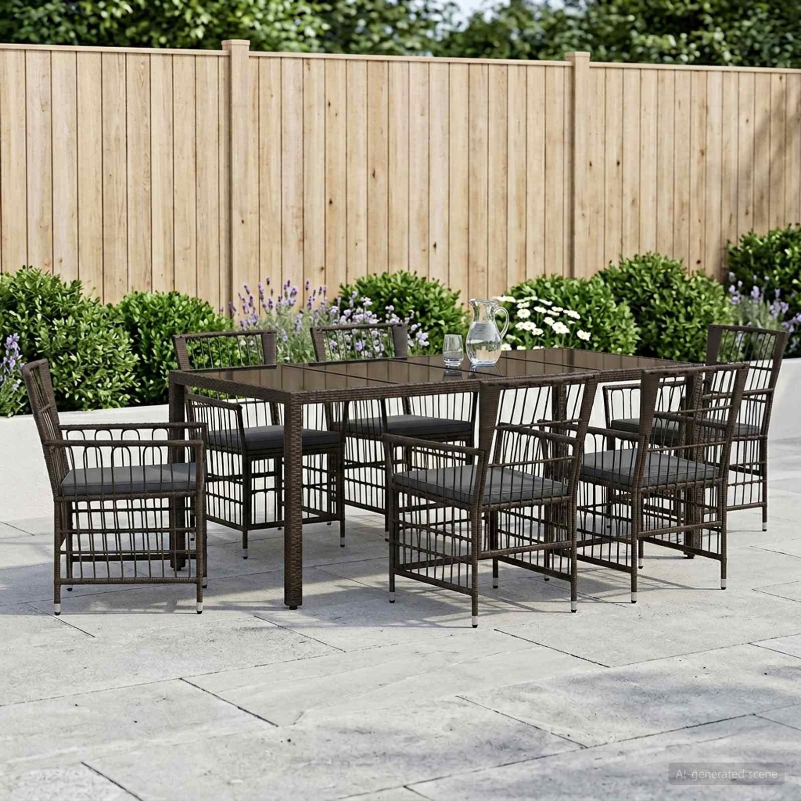 Udendørs spisebordssæt i sort polyrattan med hærdet glas