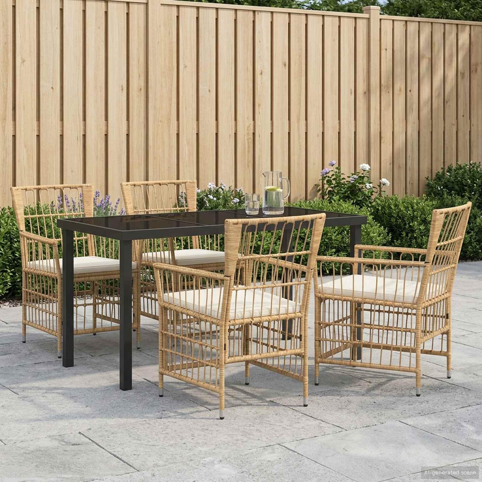 Udendørs spisebordssæt 5 dele i naturfarvet polyrattan