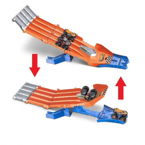 Hot Wheels Monster Trucks Sharks vs. Dinos Racedown Destruction banesæt med 2 legetøjslastbiler