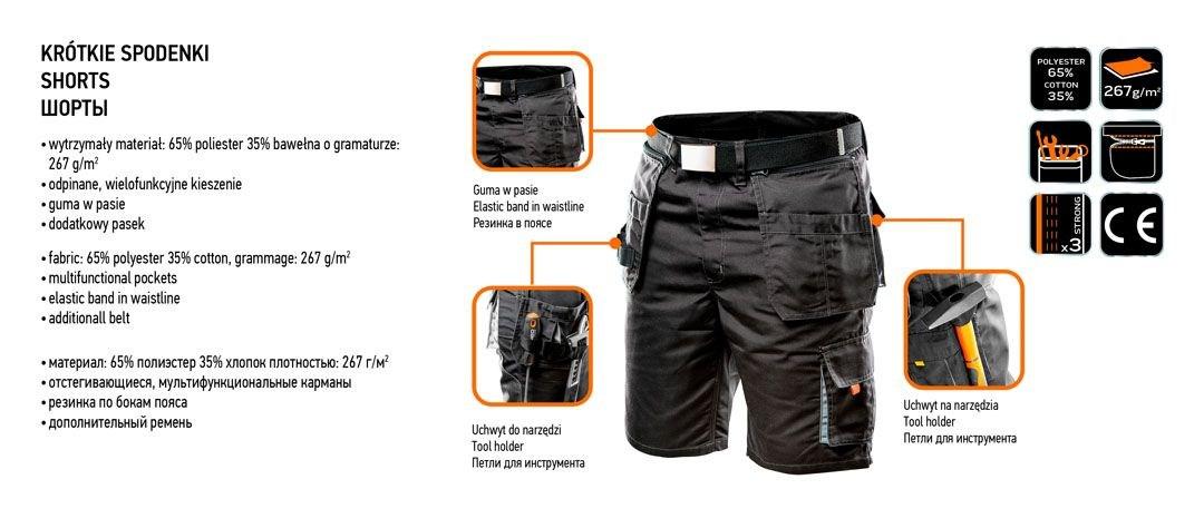 NEO TOOLS HD arbejdsshorts med bælte og aftagelige lommer str. LD/54