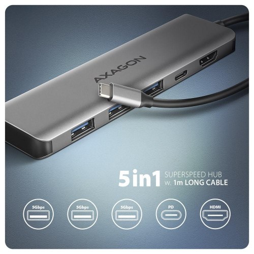 AXAGON HMC-5H USB-C hub 5 Gbps med 3 x USB-A, HDMI 4K/30 Hz og PD 100 W