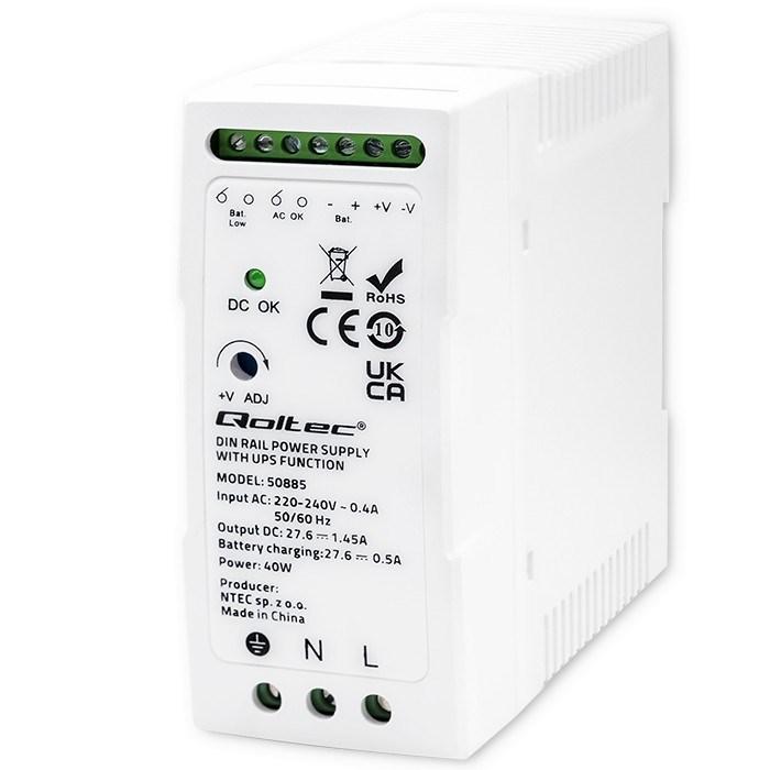 Qoltec 50885 DIN-skinne strømforsyning med UPS-funktion 40 W