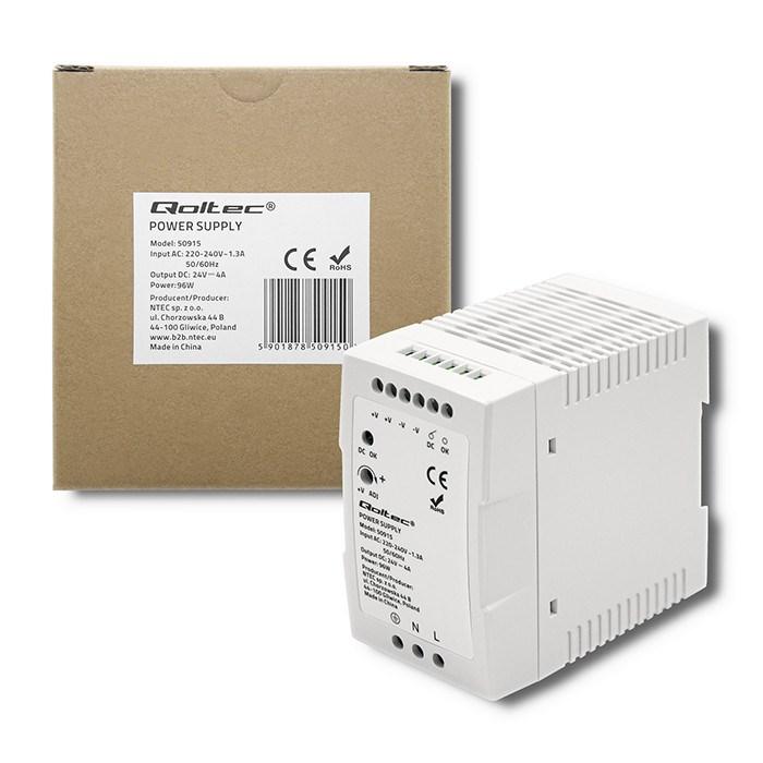 Qoltec 50915 DIN-skinnestrømforsyning 96 W 24 V 4 A - hvid, slank