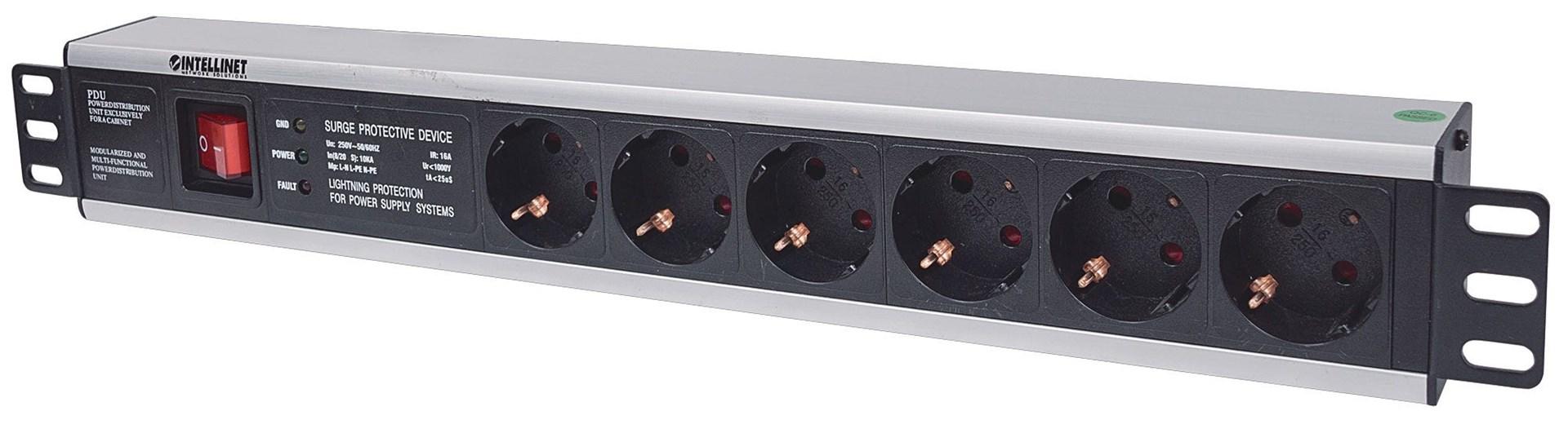 Intellinet 19" 1,5U rackmonteret PDU med 6 stikkontakter og overspændingsbeskyttelse